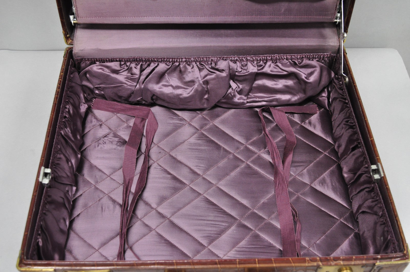 Vintage Art Deco Brown Leather Faux Crocodile Hard Case Suitcase Luggage