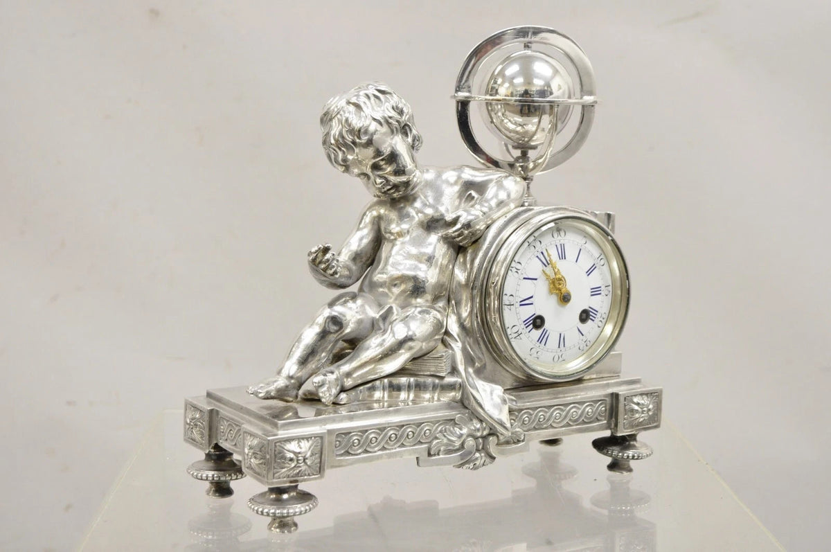 French Louis XV M Franjus Raison & Boyer Silver Plated Bronze Putto Mantel Clock