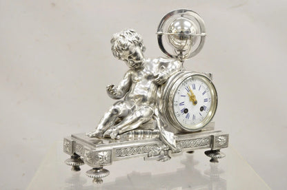 French Louis XV M Franjus Raison & Boyer Silver Plated Bronze Putto Mantel Clock