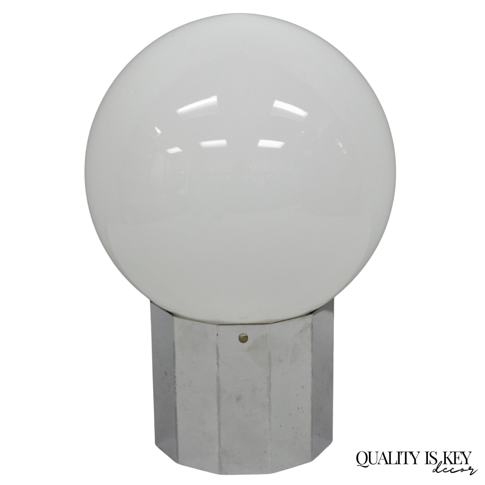 Vintage Mid Century Modern Faceted Chrome Base White Glass Ball Small Table Lamp