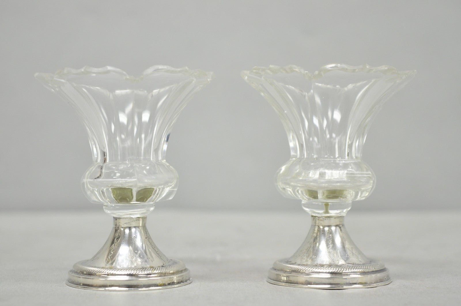 Antique English Victorian Crystal Glass & Silver Sweetmeat Candy Nut Dish, Set 6