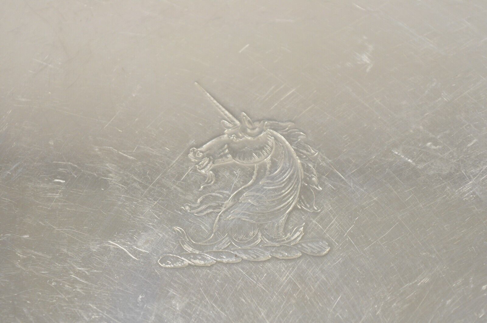 Antique English Victorian Silver Plated Serving Platter Tray Salver w/ Unicorn