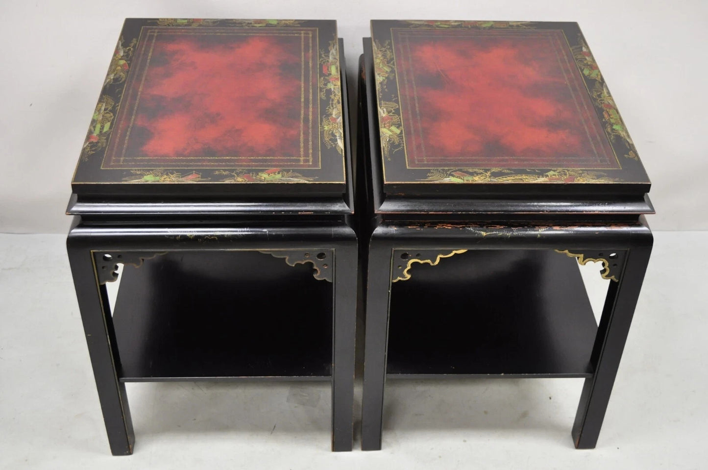 Vintage Chinoiserie Black Lacquered Red Leather Top 2 Tier End Tables - a Pair
