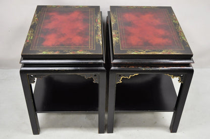 Vintage Chinoiserie Black Lacquered Red Leather Top 2 Tier End Tables - a Pair