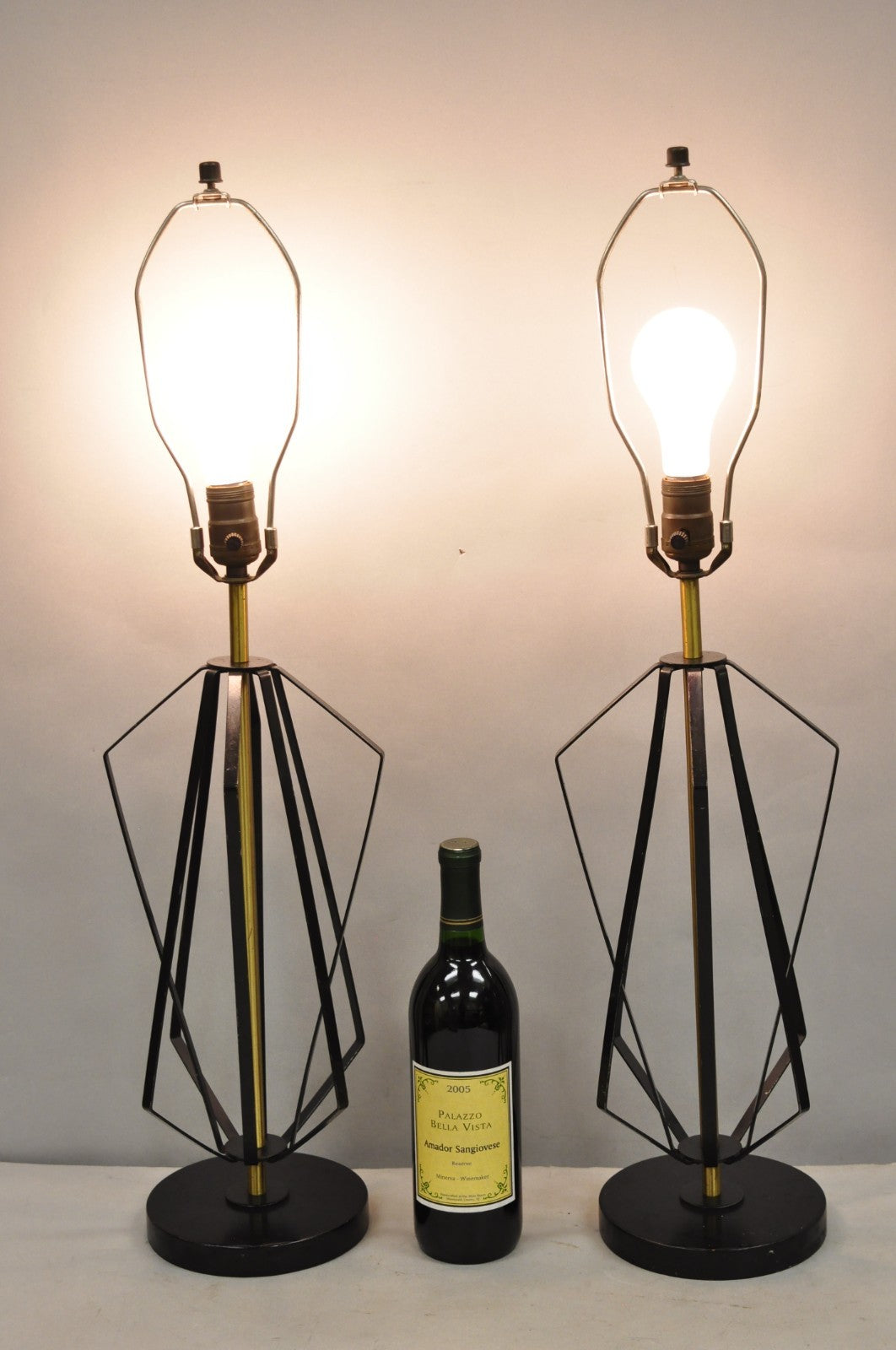 Vintage Mid Century Modern Black Metal & Brass Geometric Helix Table Lamps Pair