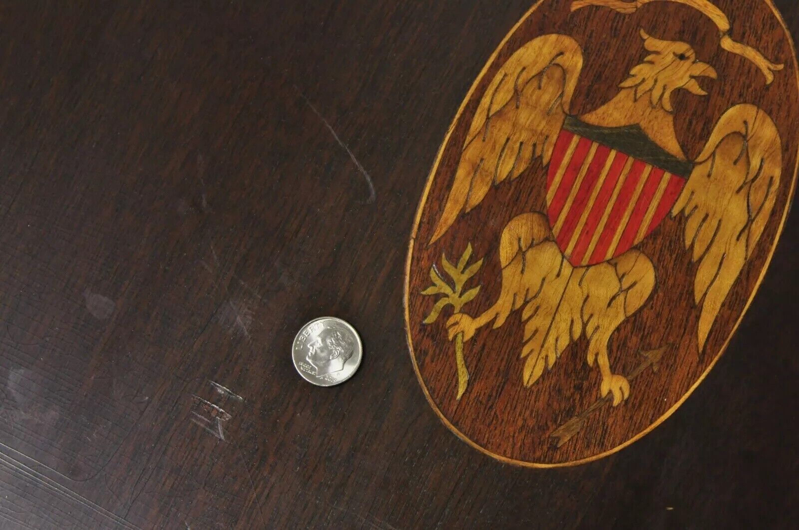 Antique Federal Sheraton Mahogany Eagle Shield Flag Inlay Tilt Top Lamp Table