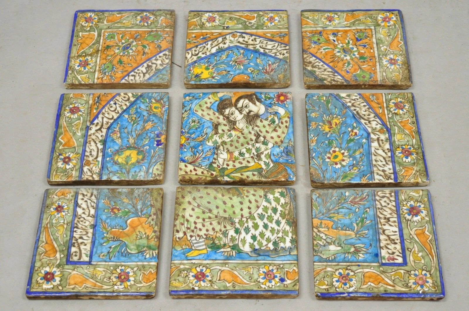 Antique Persian Iznik Qajar Style Ceramic Pottery Tile Man & Woman Mosaic Set C6