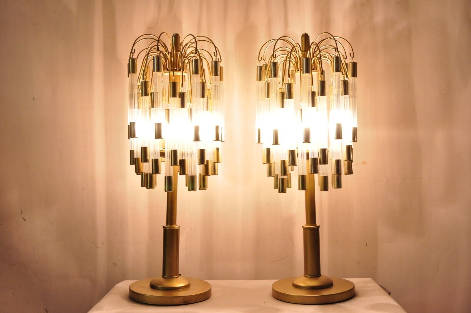 Vintage Hollywood Regency Gold "Palm Tree" Acrylic Waterfall Table Lamps - Pair