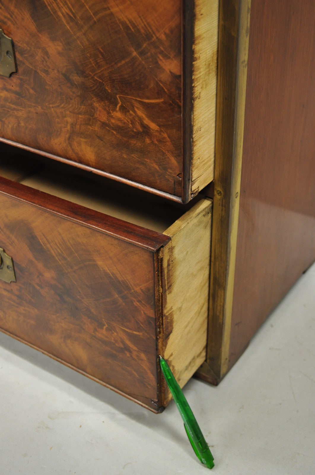 Antique English 4 Drawer Brass Banded Burr Walnut Campaign Chest Dresser