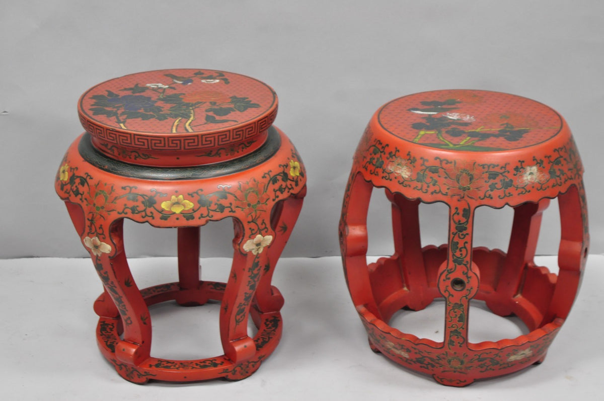Vintage Chinoiserie Red Lacquer Plant Stand Garden Stool Drum Side Table (B)
