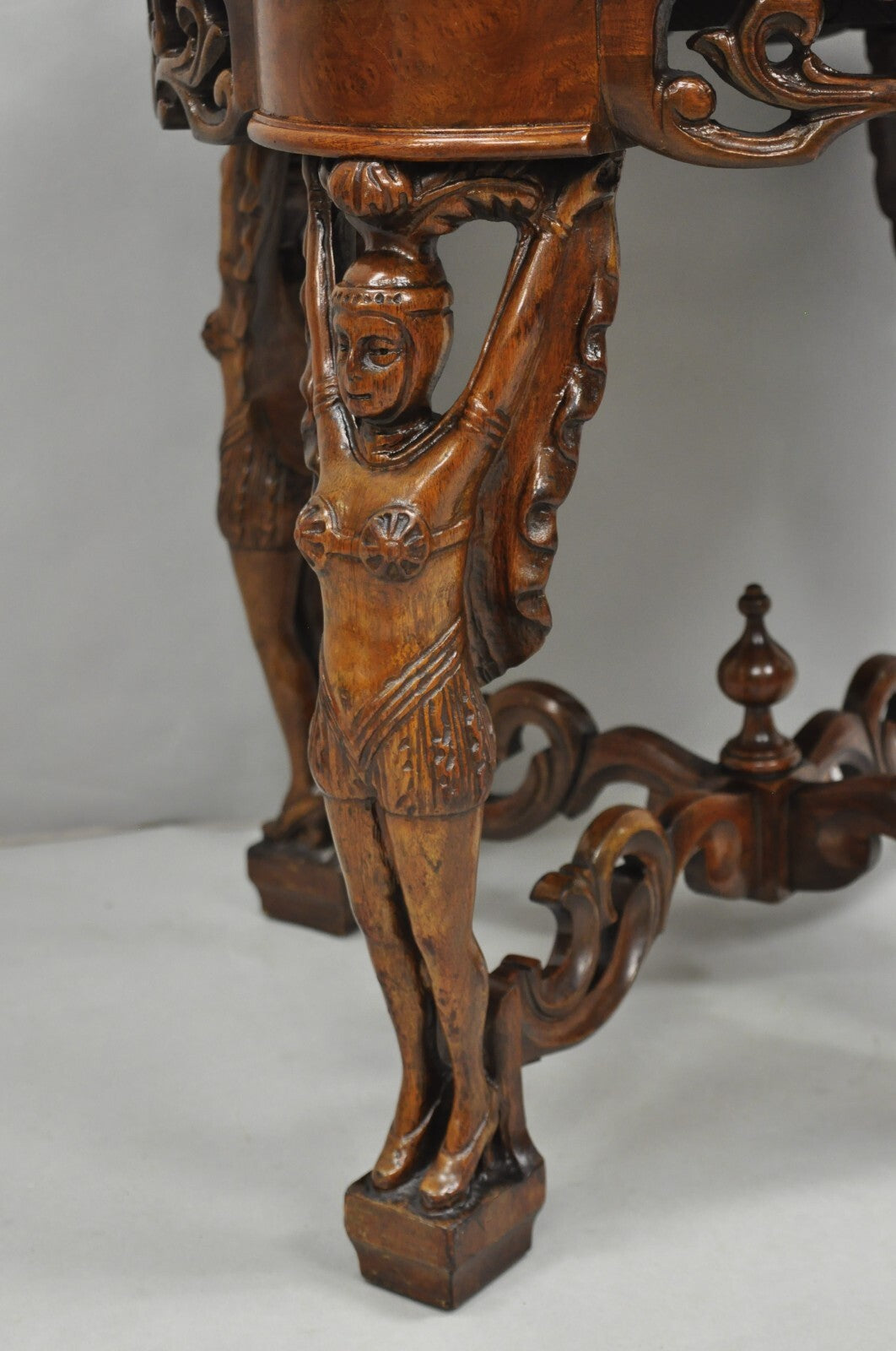 Antique French Renaissance Carved Female Dancer Walnut Display Tray Coffee Table