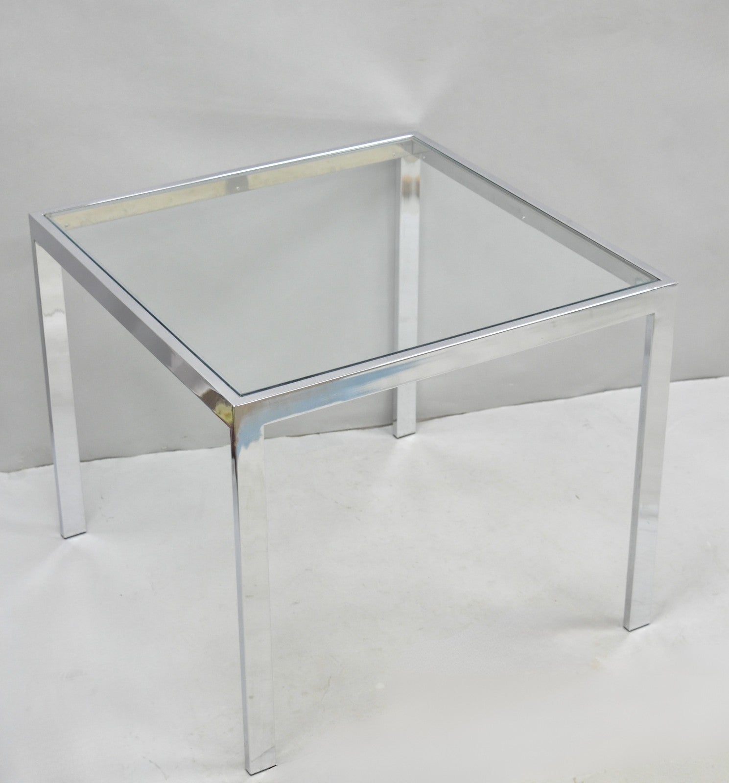 Mid Century Modern Polished Chrome Glass Top Square Occasional Side End Table