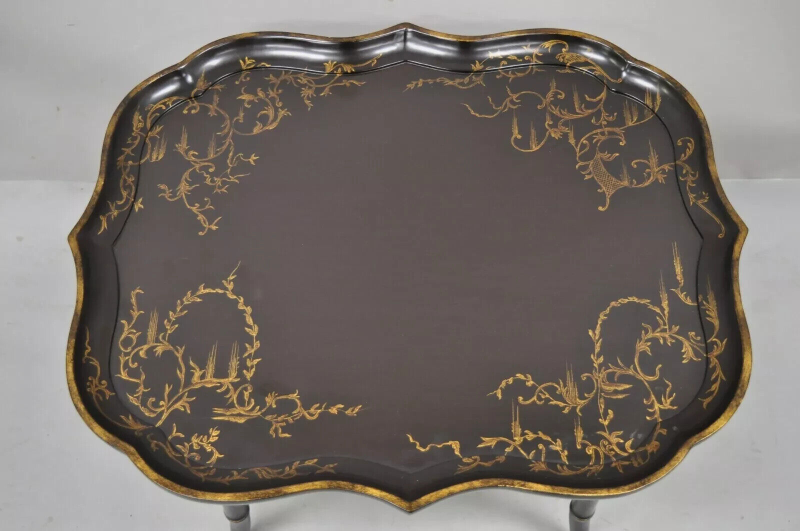 Chinoiserie Faux Bamboo Brown Lacquer Scallop Tray Top Coffee Cocktail Table