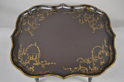 Chinoiserie Faux Bamboo Brown Lacquer Scallop Tray Top Coffee Cocktail Table