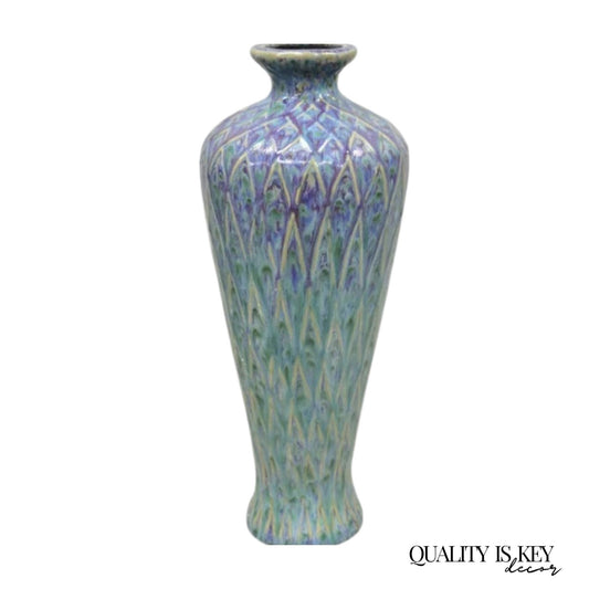 Mid Century Modern Ceramic Pottery Glazed Feather Pulled 20" Purple Blue Vase