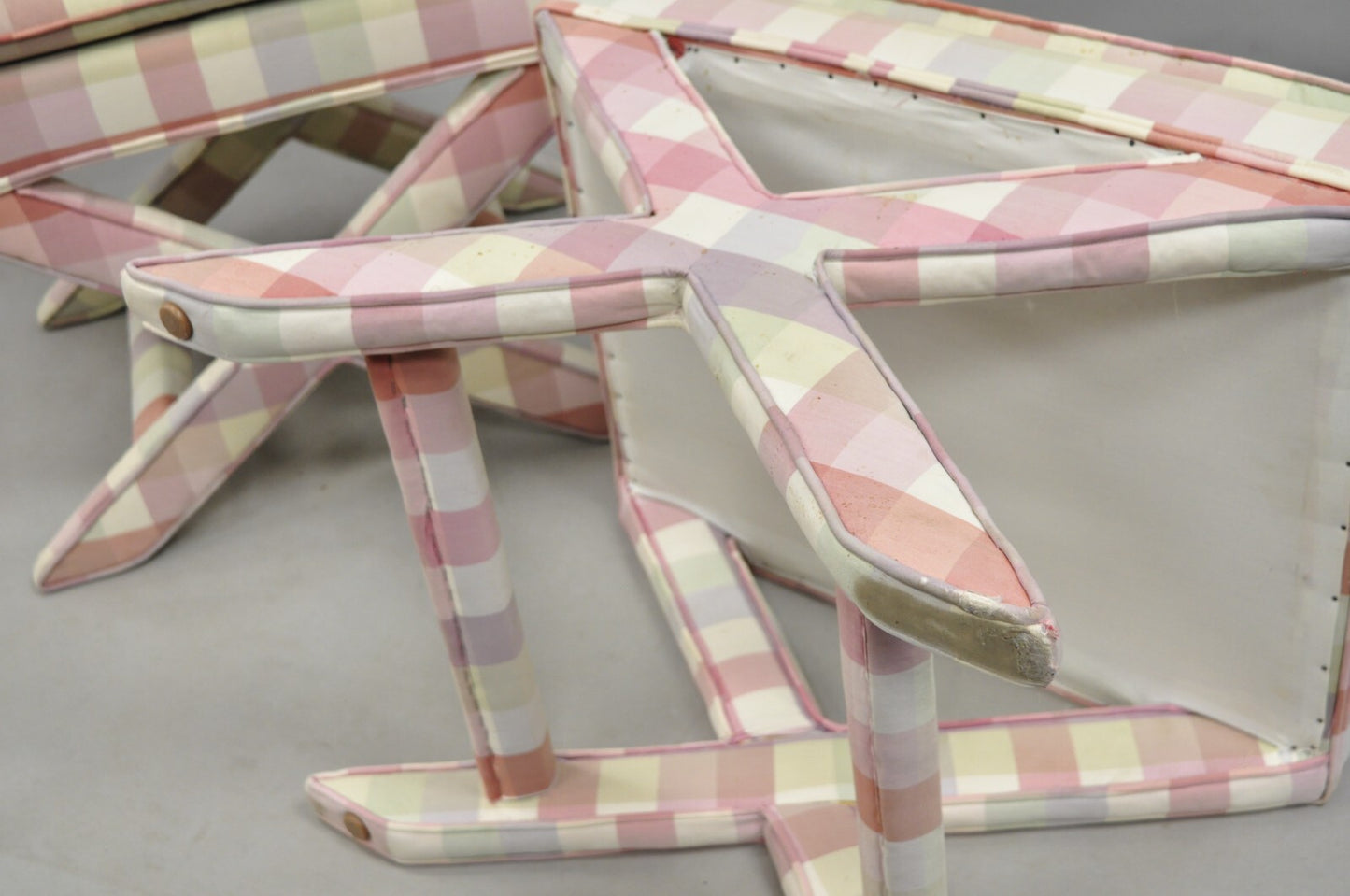 Vintage French Country Pink Plaid Hollywood Regency X-Stool Curule Bench Pair