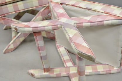 Vintage French Country Pink Plaid Hollywood Regency X-Stool Curule Bench Pair
