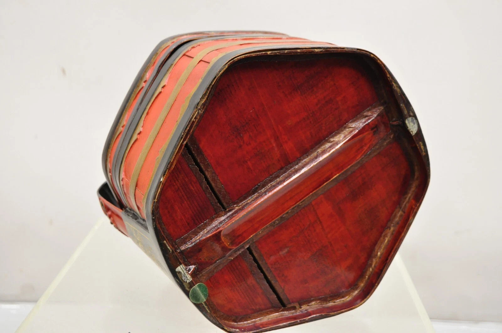 Vintage Chinese Black & Red Lacquer Floral Painted Lidded Wooden Tea Caddy Box