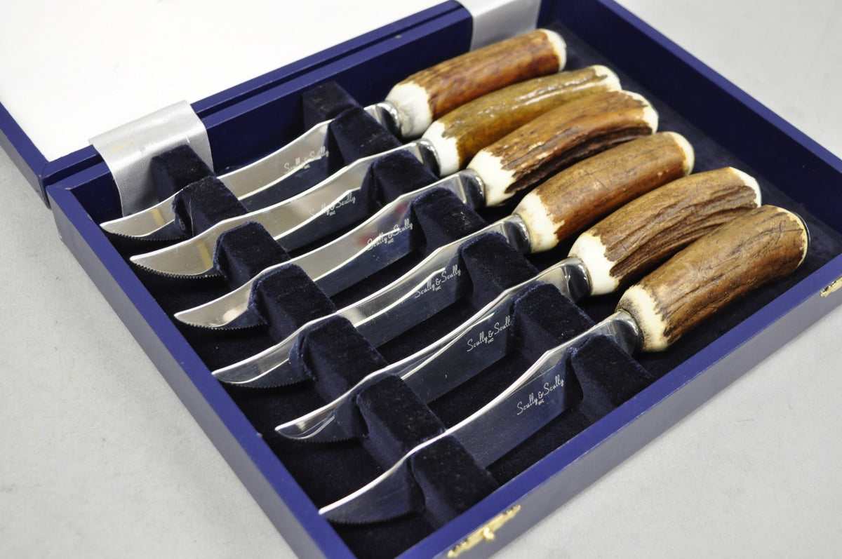 Scully & Scully Arts & Crafts Natural Staghorn Handle Steak Knives - Set of 6