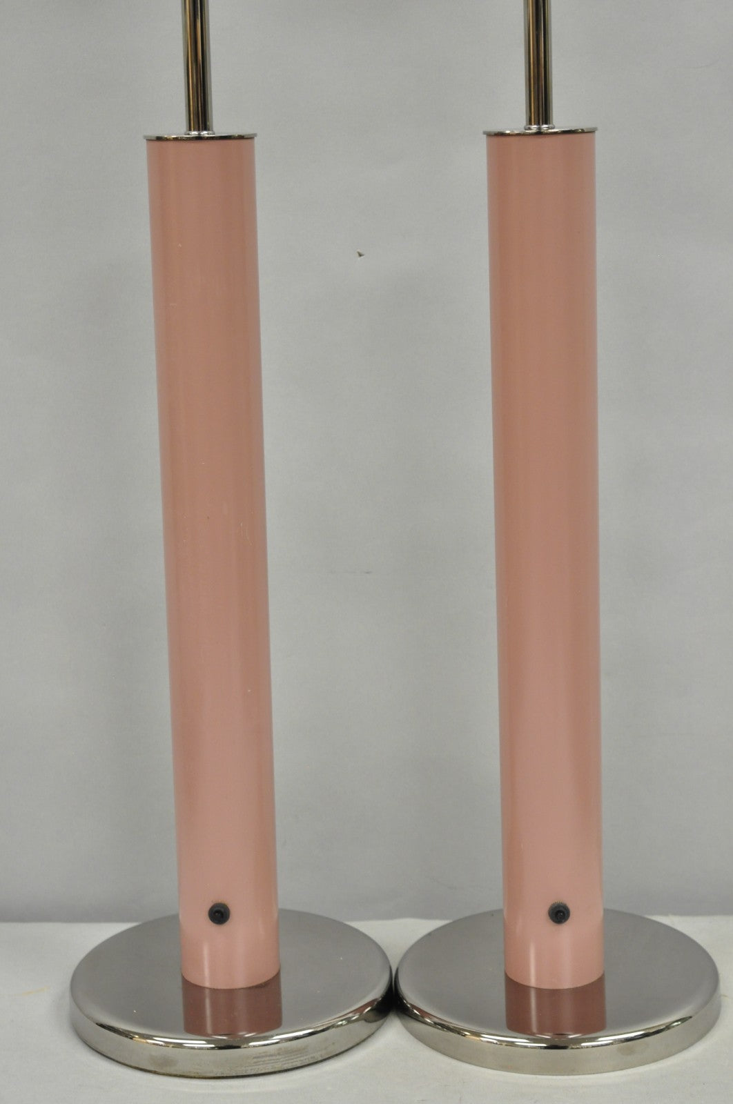 Mid Century Modern Bubble Gum Pink Cylinder Column Chrome Table Lamp - a Pair