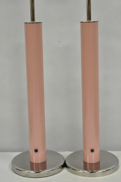 Mid Century Modern Bubble Gum Pink Cylinder Column Chrome Table Lamp - a Pair