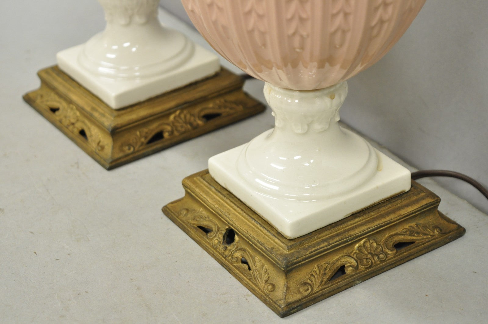 Vintage Italian Neoclassical Pink Porcelain Urn Table Lamps w/ Bearded Man, Pair