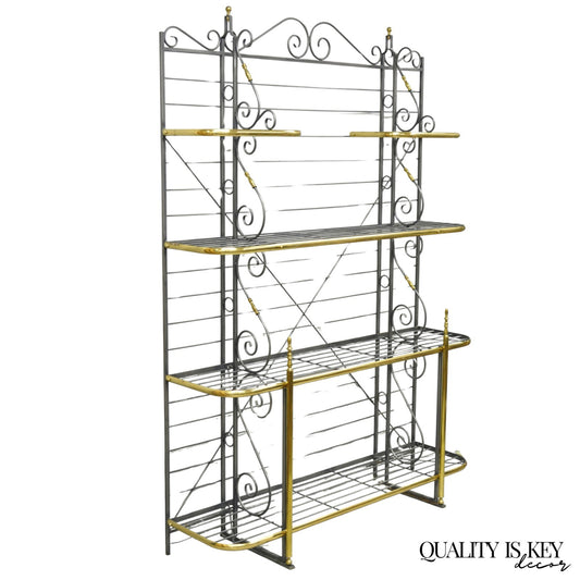 Vintage French Country Wrought Iron & Brass Kitchen Bakers Rack Bookcase Etagere