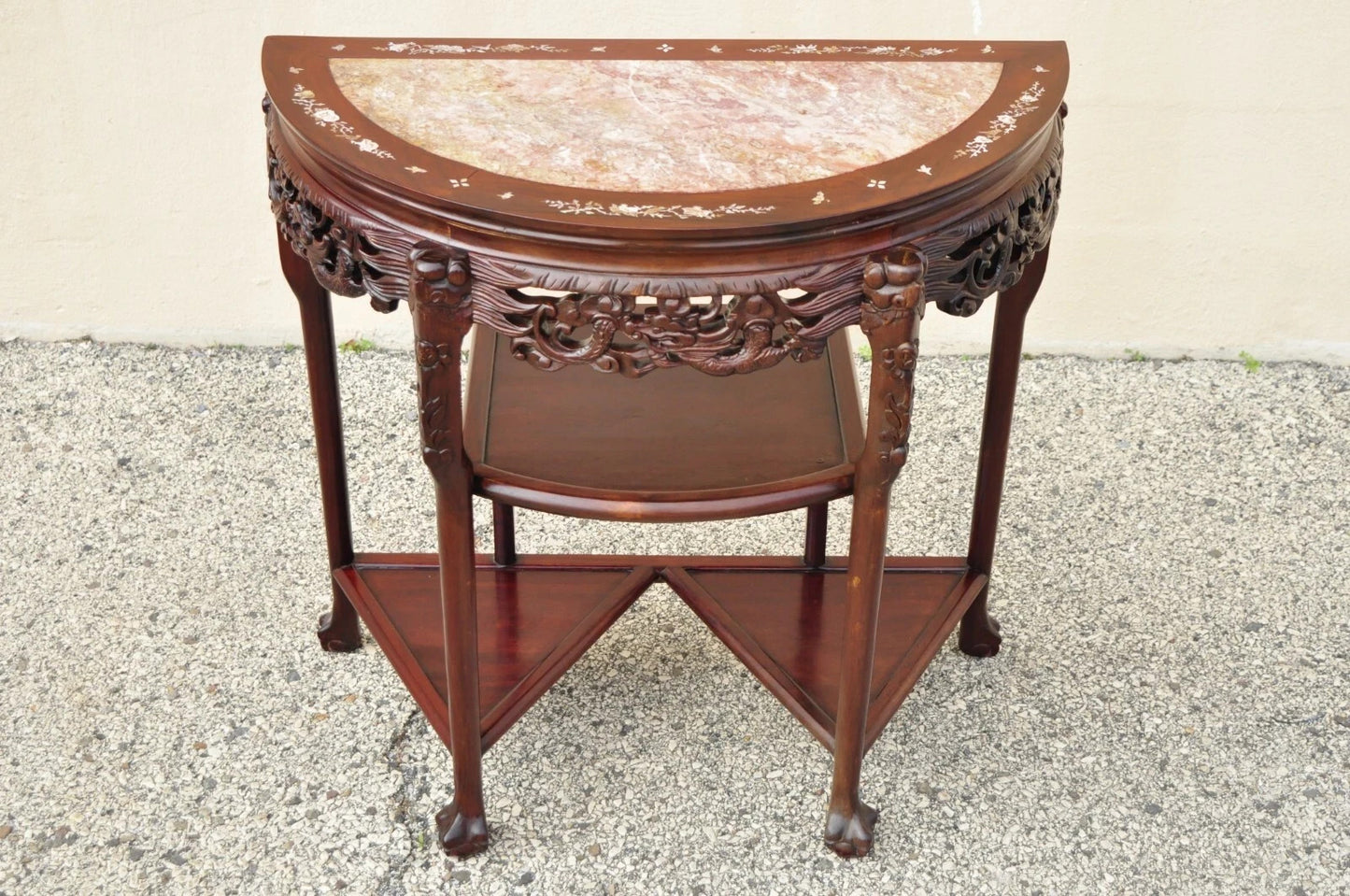 Vintage Oriental Chinese Carved Hardwood Demilune Marble Top Console Hall Table