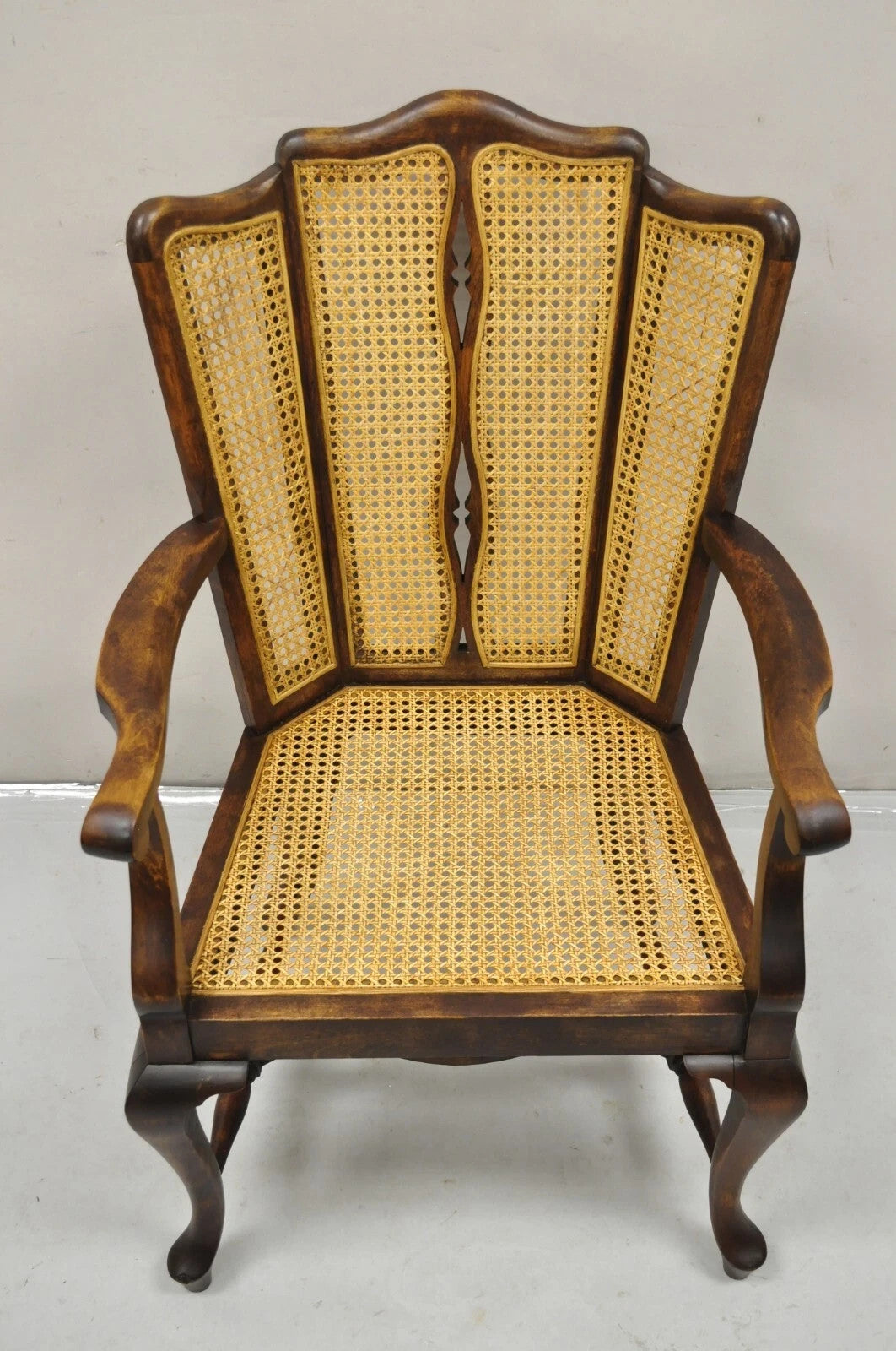 Antique Victorian Walnut and Cane Carved Lounge Arm Chair w/ Queen Anne Legs