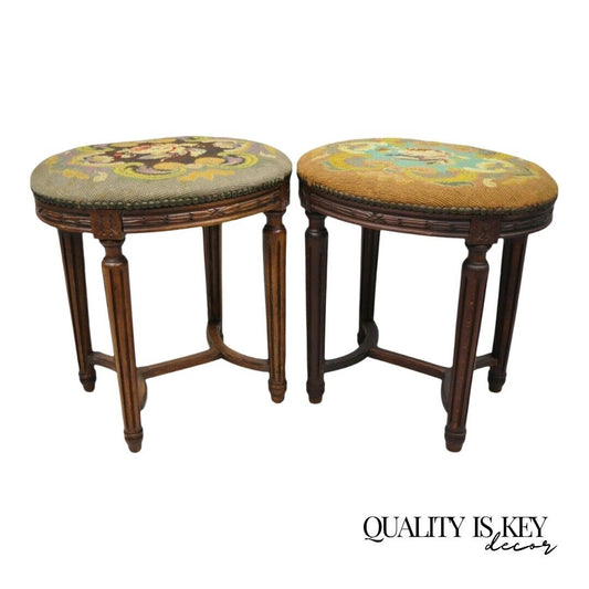 Antique French Louis XVI Style Carved Walnut & Needlepoint Oval Stools - a Pair