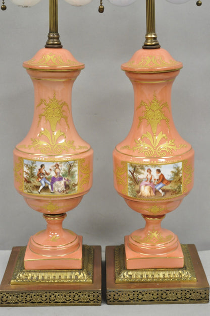 Antique French Victorian Paris Porcelain Coral Figural Painted Table Lamps, Pair