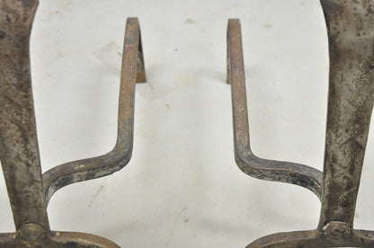 Antique French Art Nouveau Hand Hammered Wrought Iron & Bronze Andirons - a Pair