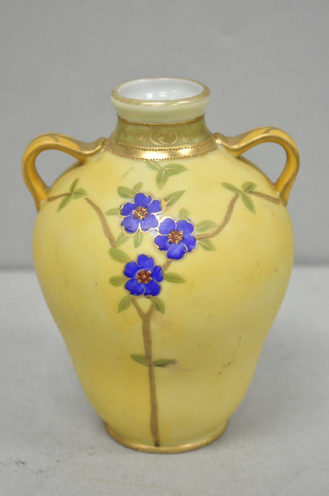 Antique Nippon Hand Painted Porcelain Moriage Mountain Scene Small Yellow Vase