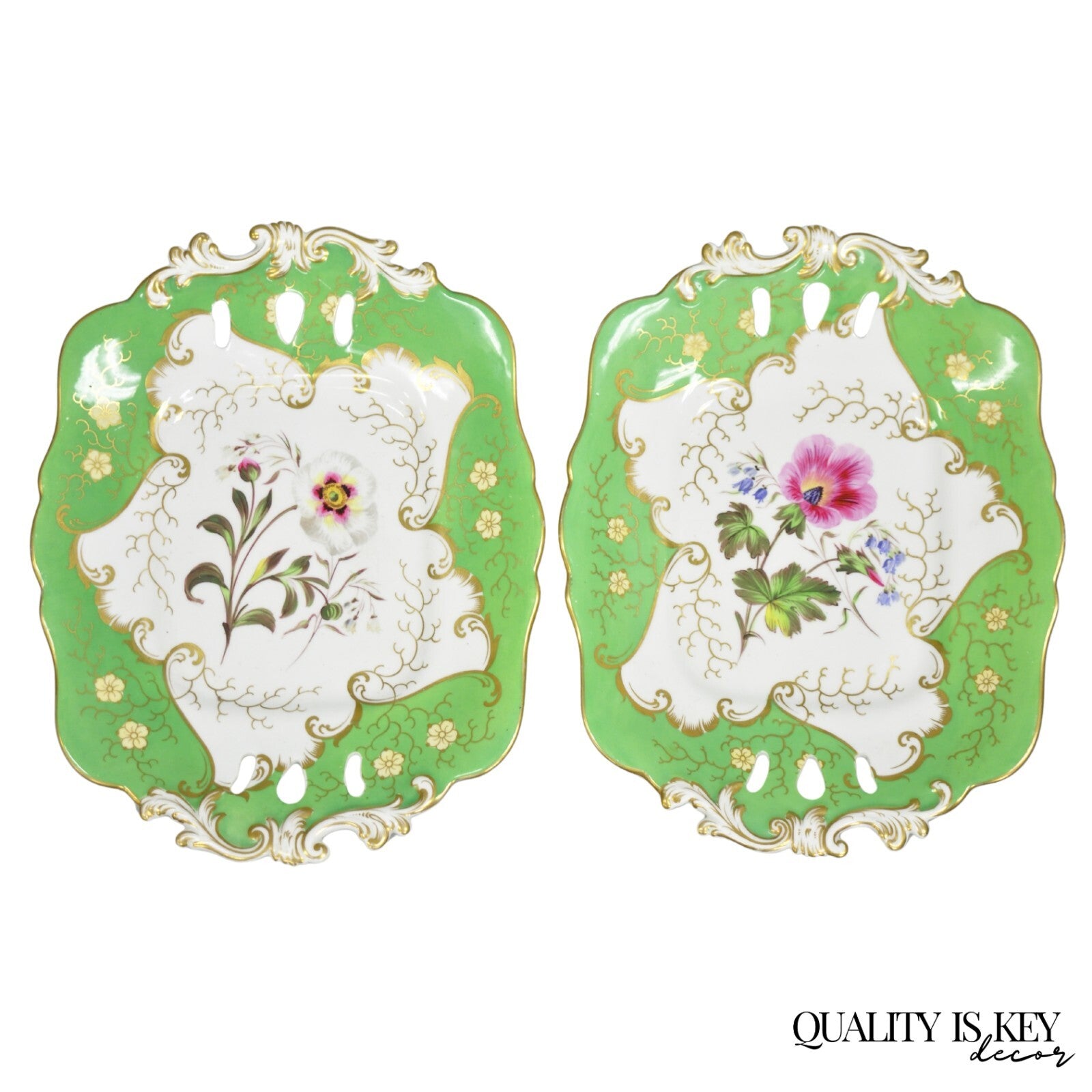 Antique Samuel Alcock Bone China Porcelain Dessert Plate Green w/ Flowers - Pair