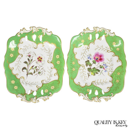 Antique Samuel Alcock Bone China Porcelain Dessert Plate Green w/ Flowers - Pair