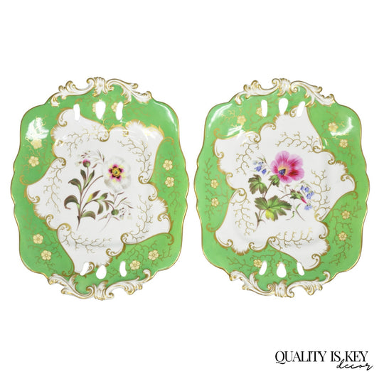 Antique Samuel Alcock Bone China Porcelain Dessert Plate Green w/ Flowers - Pair