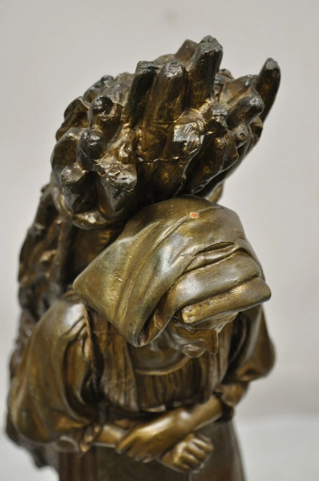 Antique Hiver French Spelter Sculpture Statue of Woman Carrying Bundle of Sticks