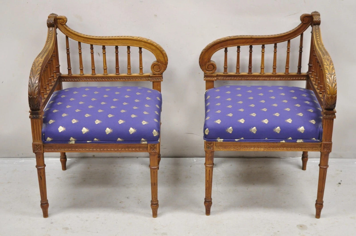 Antique French Louis XVI Style Carved Walnut Lyre Harp Corner Lounge Chair Pair
