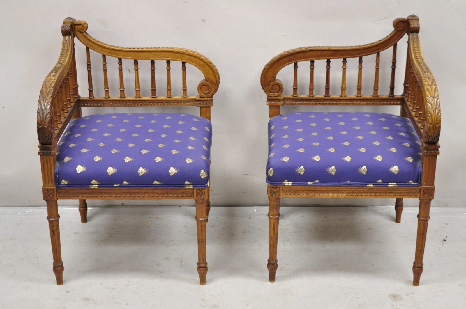 Antique French Louis XVI Style Carved Walnut Lyre Harp Corner Lounge Chair Pair
