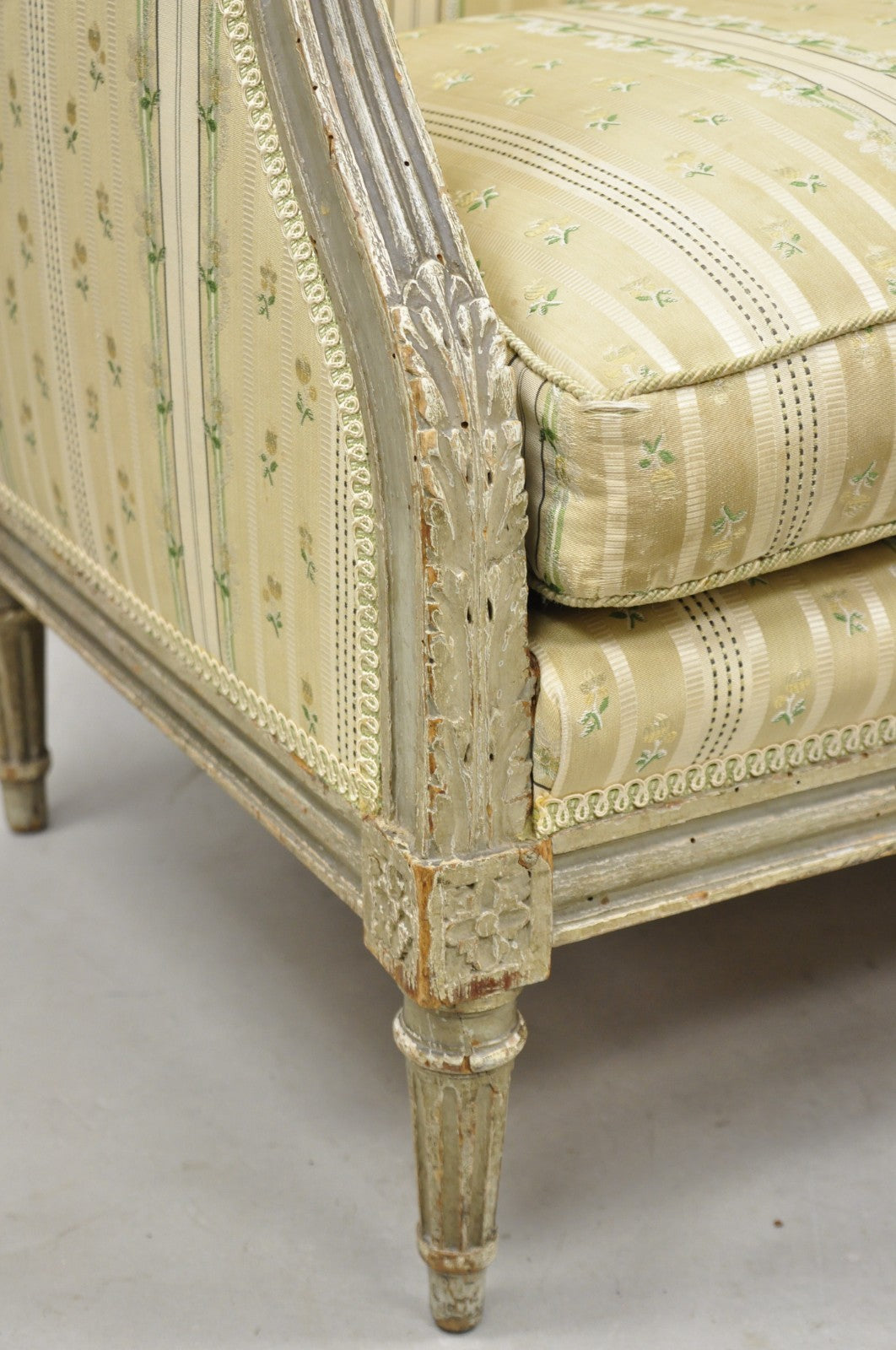 Antique French Louis XVI Style Cream Distress Painted Petite Canape Settee Sofa