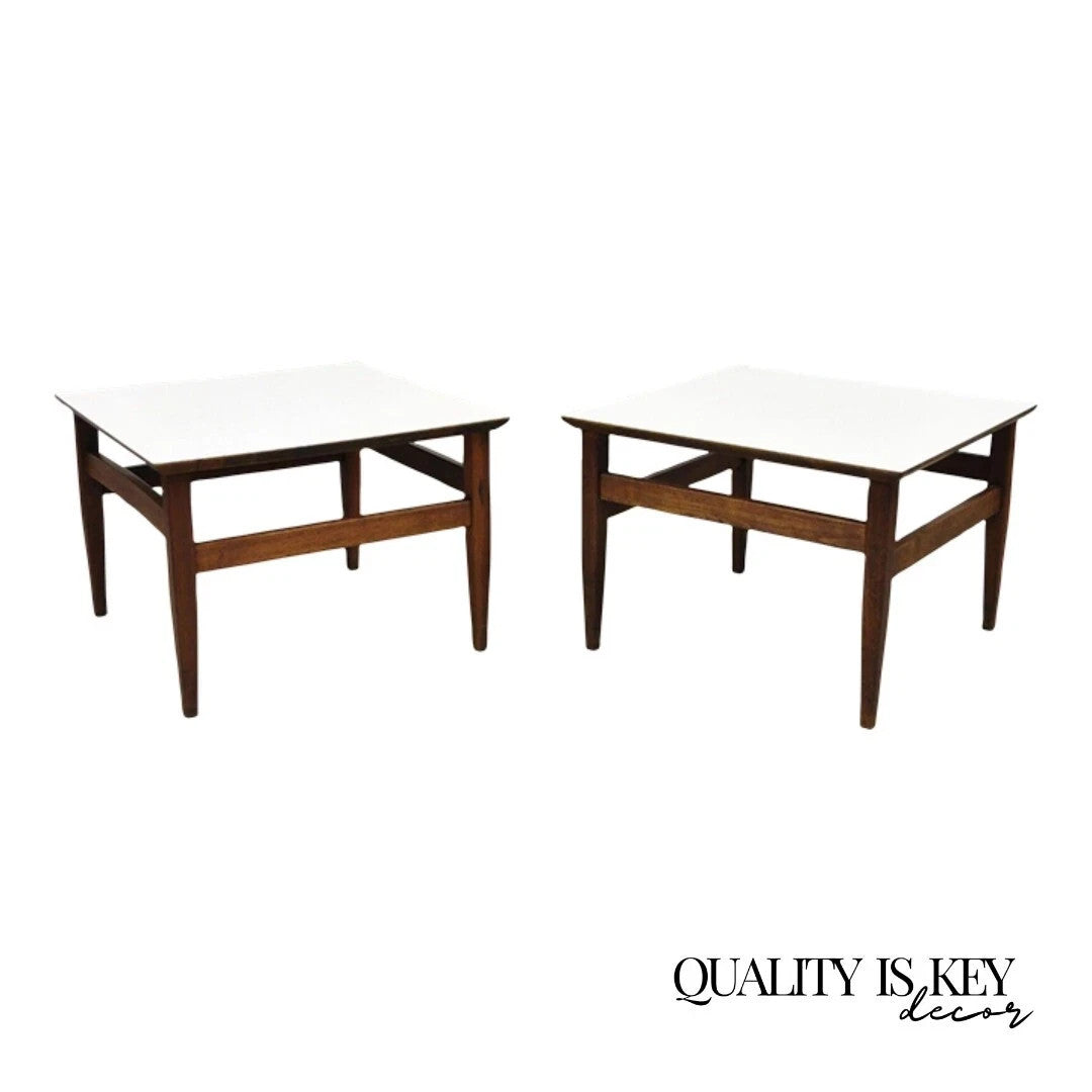Vintage Mid Century Modern Walnut Base Laminate Top Low Side Tables - a Pair