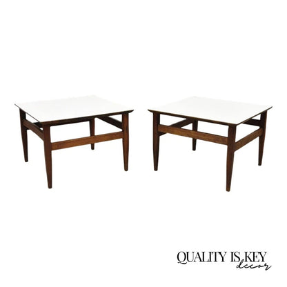 Vintage Mid Century Modern Walnut Base Laminate Top Low Side Tables - a Pair