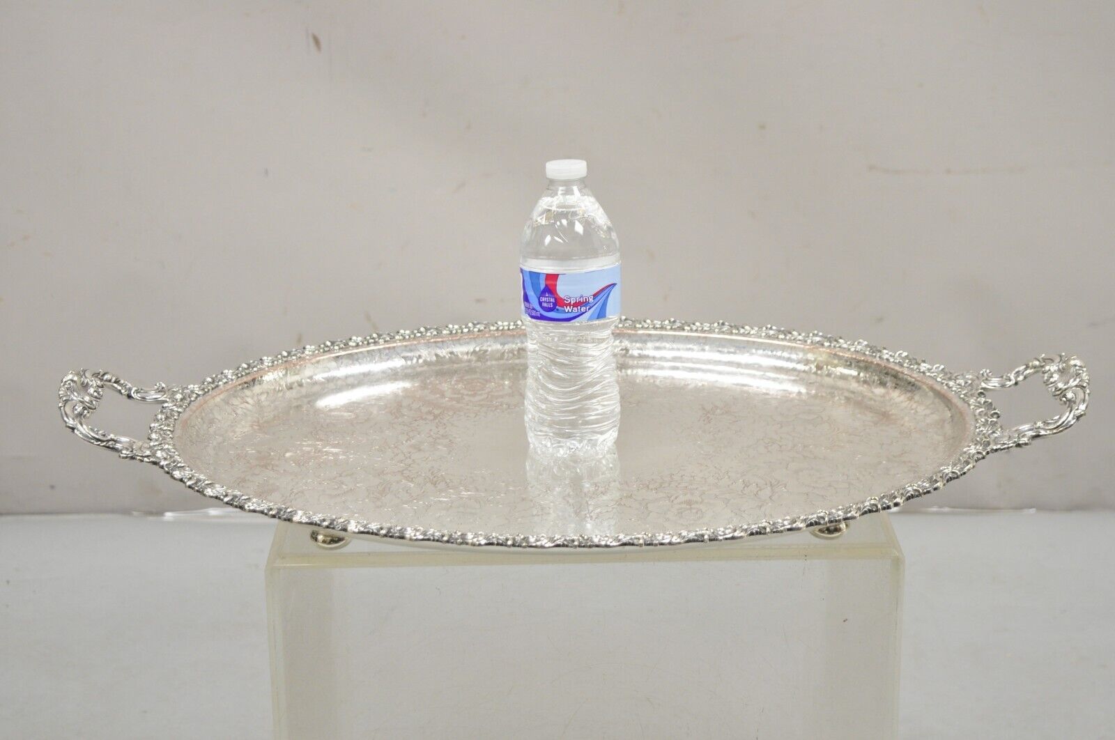 Antique English Victorian Art Nouveau Floral Repousse Oval Serving Platter Tray