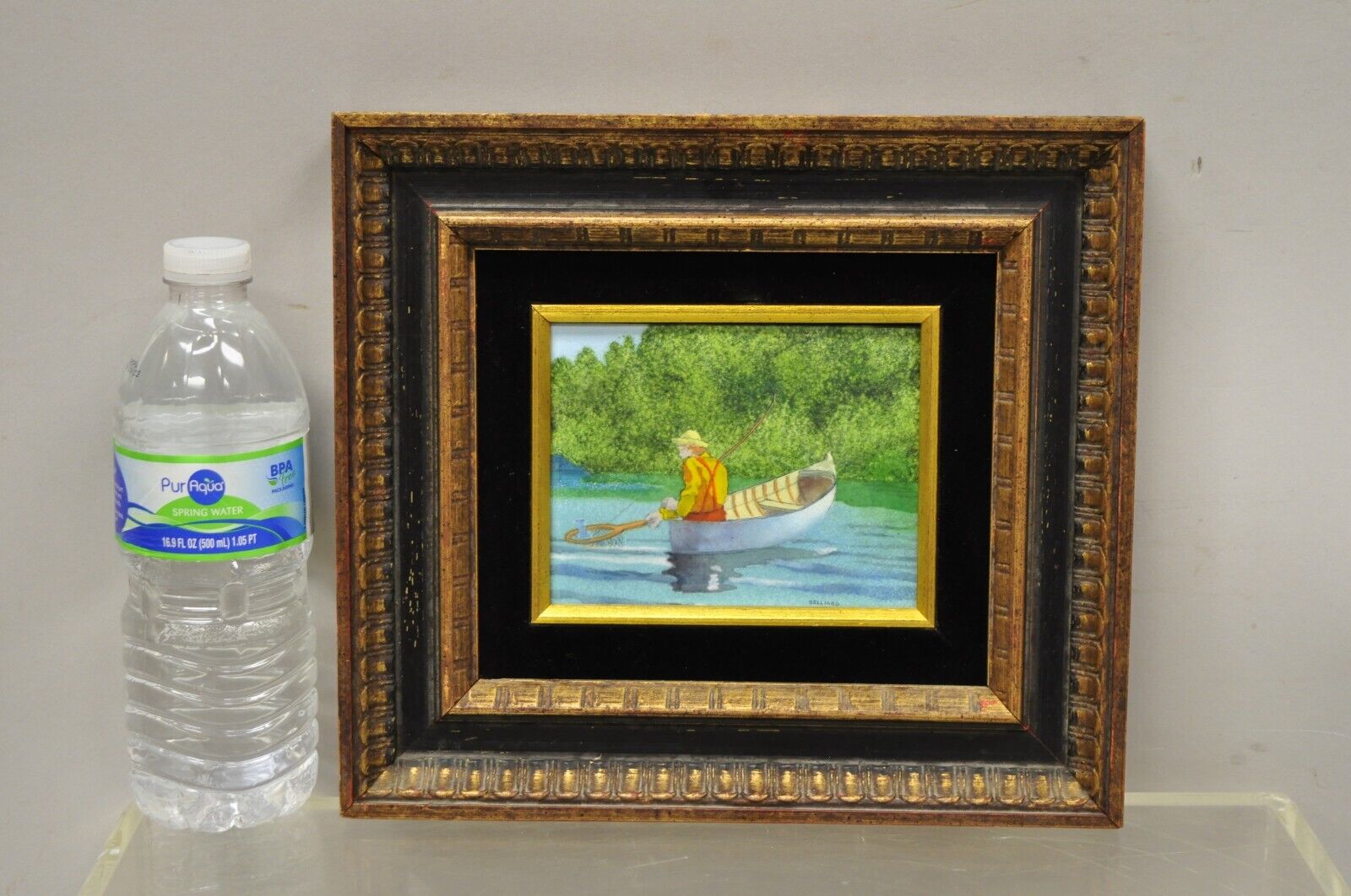 Daniel Belliard Enamel on Copper Small Framed Painting Fisherman in Boat on Lake