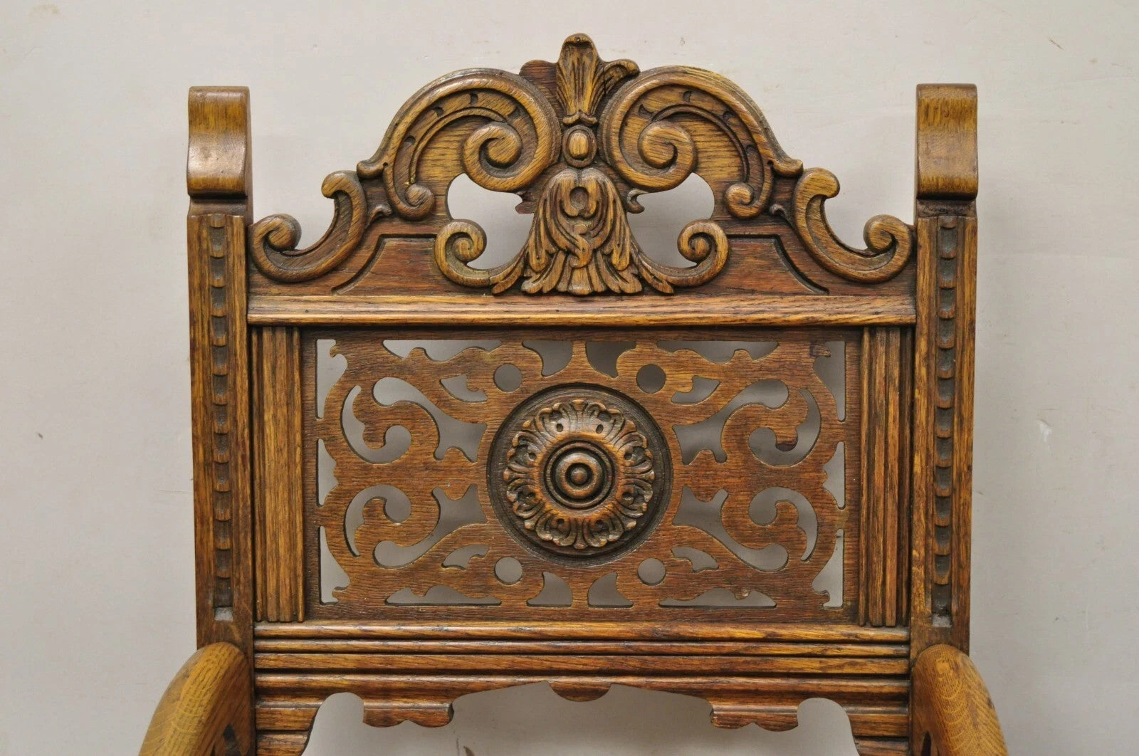Antique Vanleigh Carved Oak Italian Renaissance Style Throne Arm Chairs - a Pair