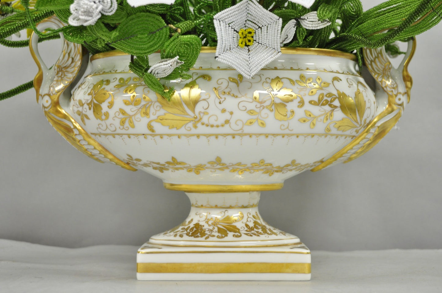 Antique Limoges French Regency White & Gold Porcelain Swan Urn Vase Cachepot