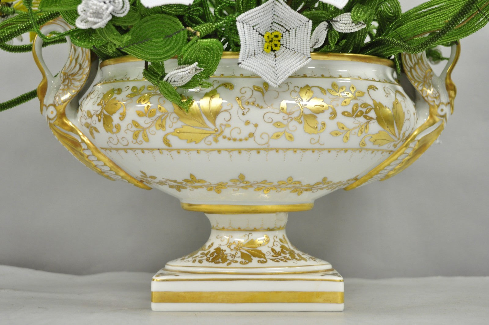Antique Limoges French Regency White & Gold Porcelain Swan Urn Vase Cachepot
