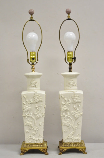 Vintage Chinoiserie Porcelain "Cherry Blossom" Blanc De Chine Table Lamps - Pair