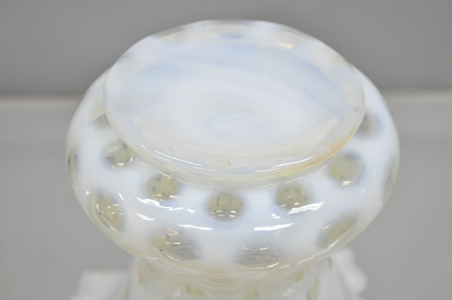 Vintage Fenton White Coin Dot Opalescent Art Glass Ruffle Edge Flower Vase