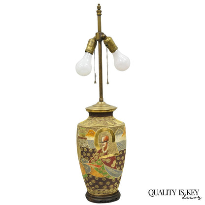 Vintage Japanese Oriental Porcelain Satsuma Vase Gold Gilt Figural Table Lamp